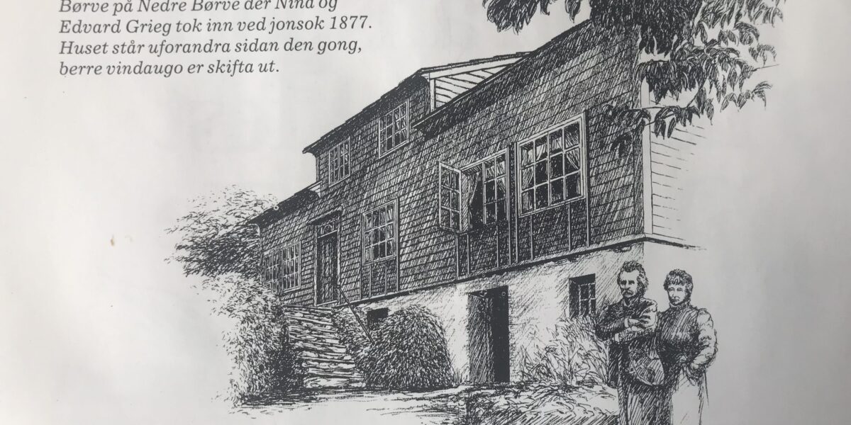 Illustrasjon som viser hovedhuset med Grieg i forgrunnen. Fra søknaden